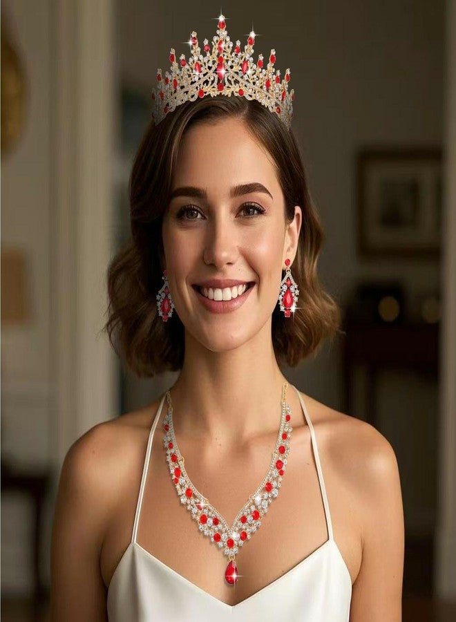 Geurlev Tiaras and Crowns for Women,Tiaras Earrings Necklace, Crystal Bridal Jewelry Set, (GoldRed) - Image 4